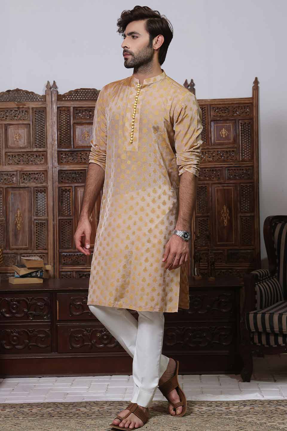 FANCY KURTA Karandi Self Print Moti Buttons