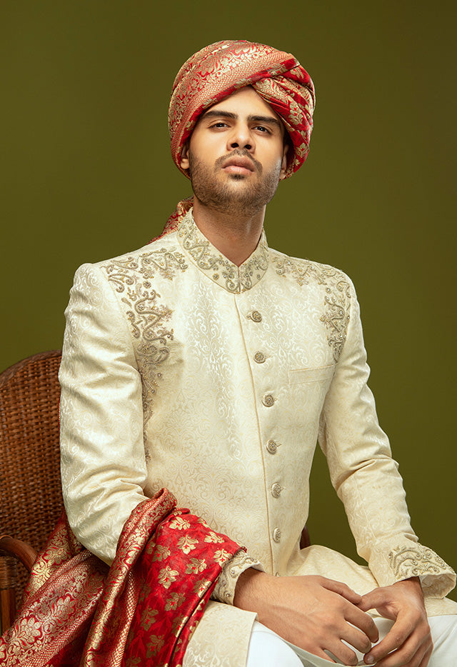 JAMAWAR FABRIC WITH SILVER KORA NAQSHI SHERWANI