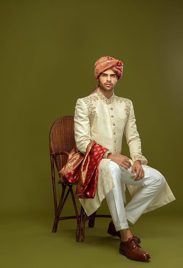 JAMAWAR FABRIC WITH SILVER KORA NAQSHI SHERWANI