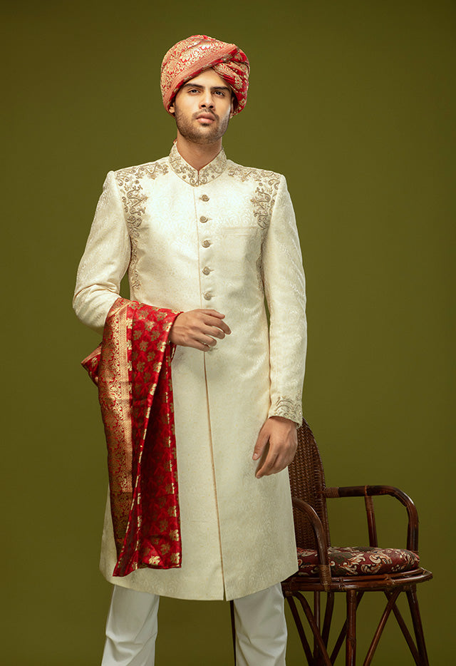 JAMAWAR FABRIC WITH SILVER KORA NAQSHI SHERWANI