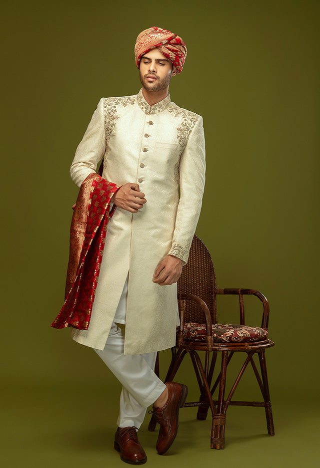 JAMAWAR FABRIC WITH SILVER KORA NAQSHI SHERWANI