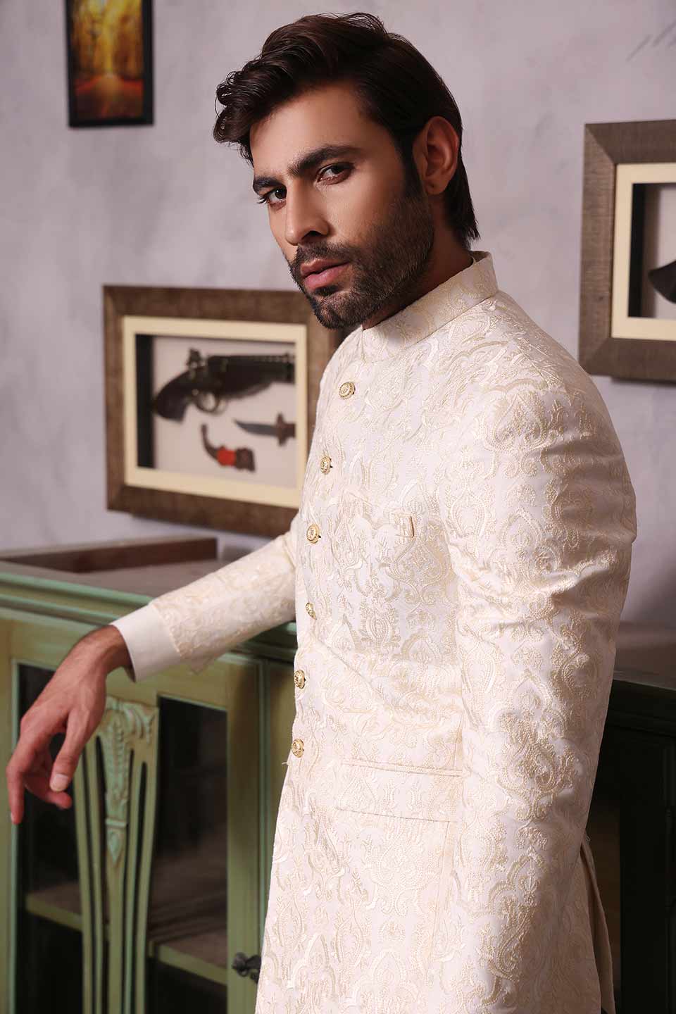 Prince Coat  Off-white UK Shahi Print Embroidery