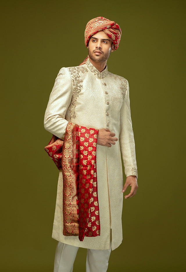 JAMAWAR FABRIC WITH SILVER KORA NAQSHI SHERWANI