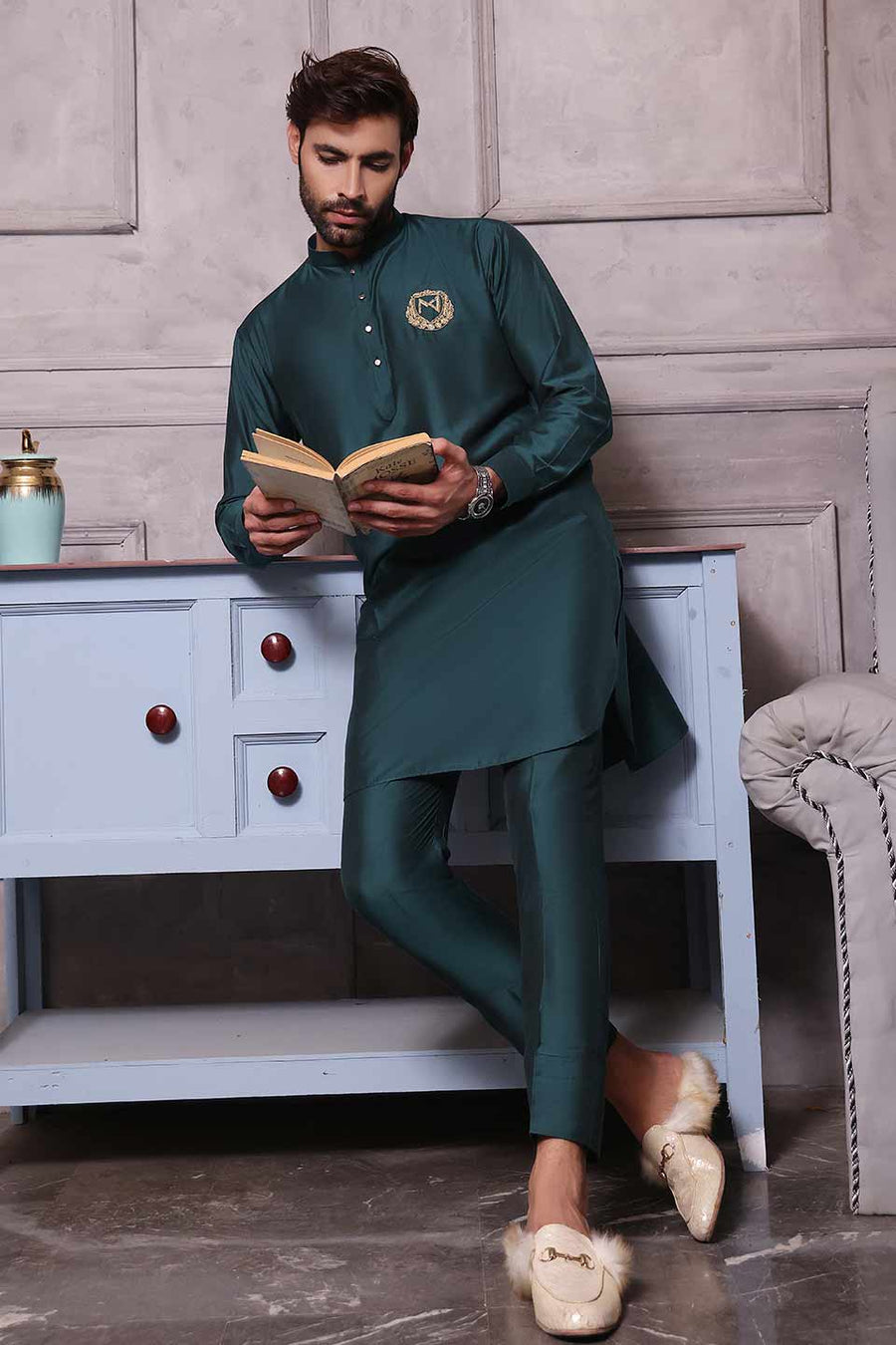 FANCY KURTA PYJAMA Staple silk Green with logo