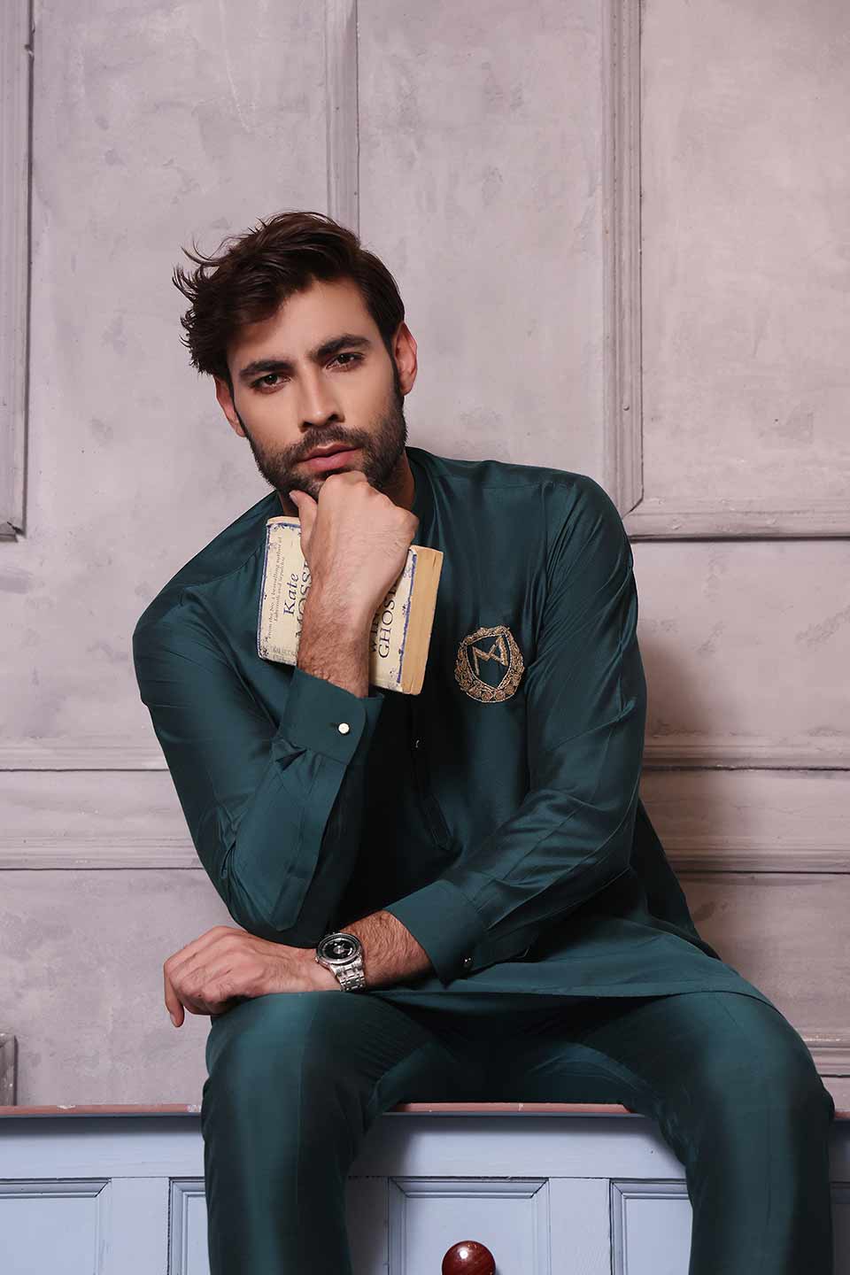 FANCY KURTA PYJAMA Staple silk Green with logo