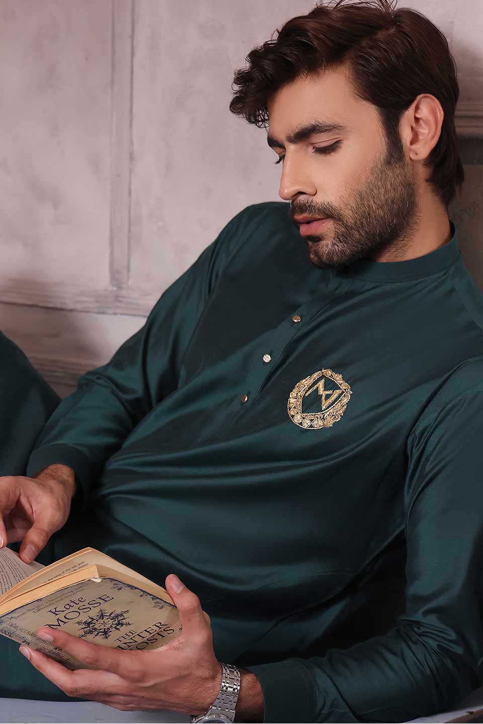 FANCY KURTA PYJAMA Staple silk Green with logo