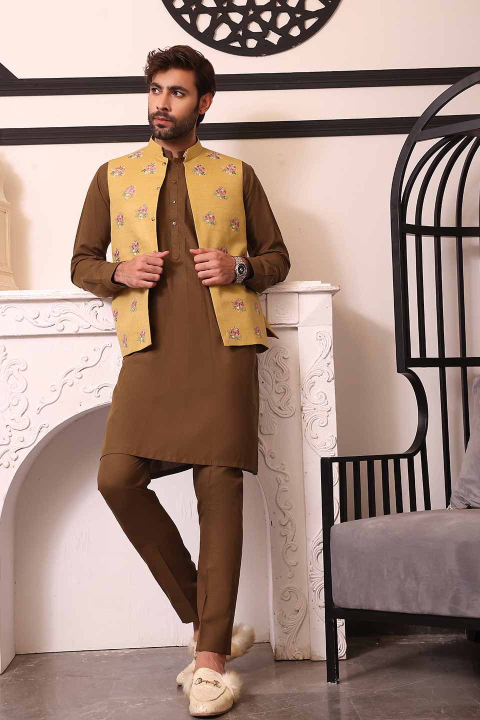 WAIST COAT Rawsilk Floral Print Embroidery
