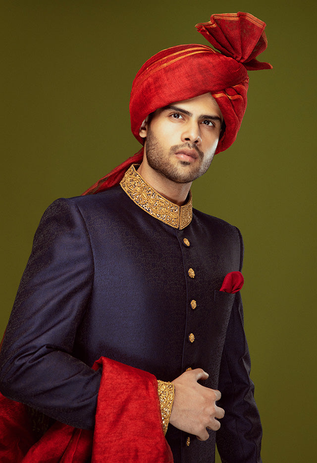 NAVY BLUE JAMAWAR SHERWANI