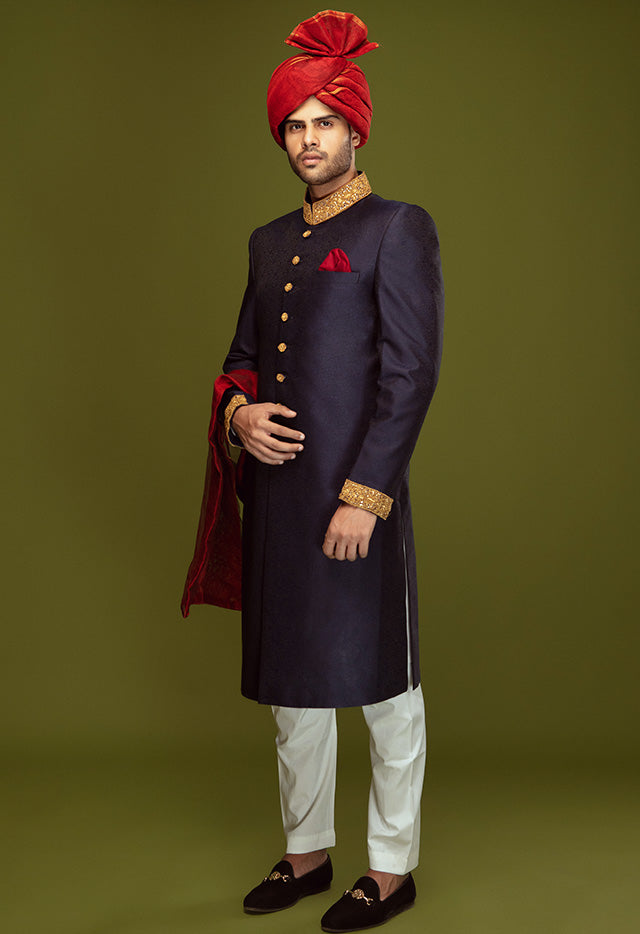 NAVY BLUE JAMAWAR SHERWANI