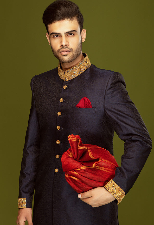 NAVY BLUE JAMAWAR SHERWANI