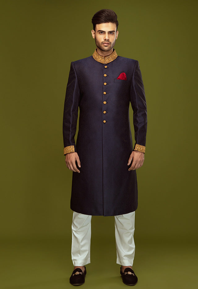 NAVY BLUE JAMAWAR SHERWANI