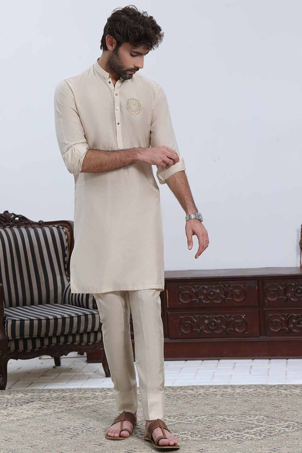 FANCY KURTA PYJAMA Fawn staple silk with logo