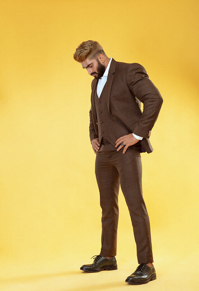 BROWN-CHECKERED THREE PIECE SUIT