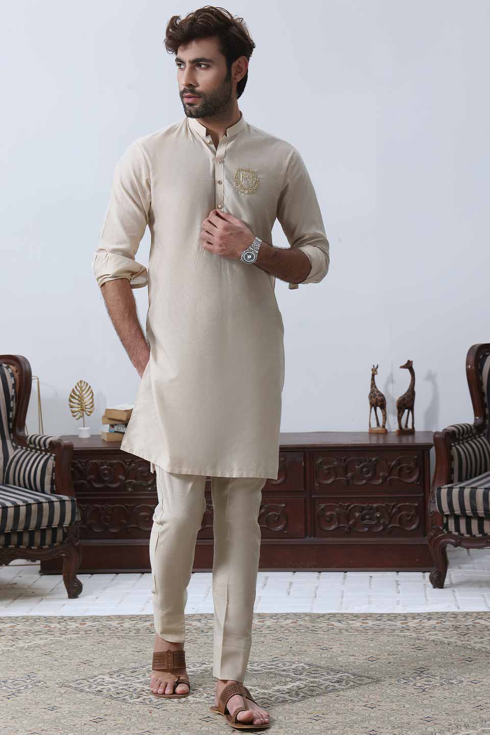 FANCY KURTA PYJAMA Fawn staple silk with logo