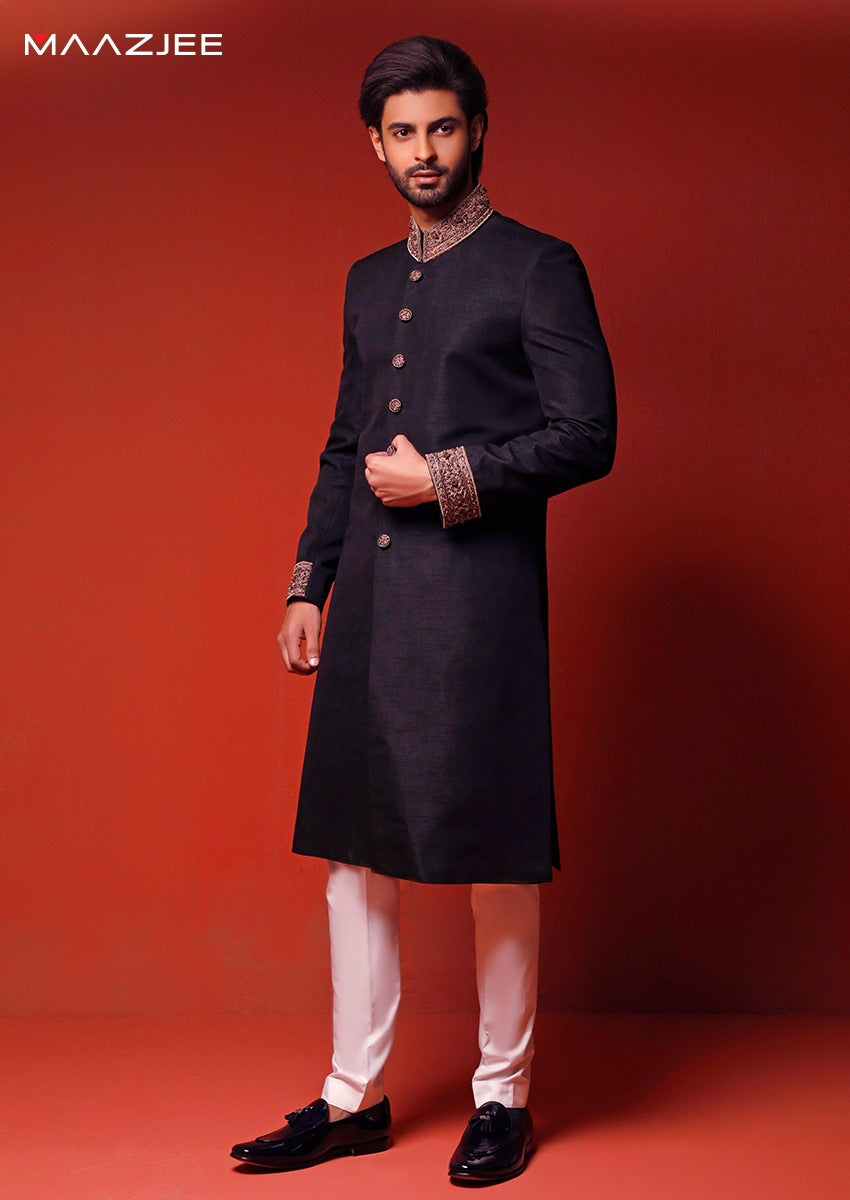 BLACK SHERWANI RAWSILK