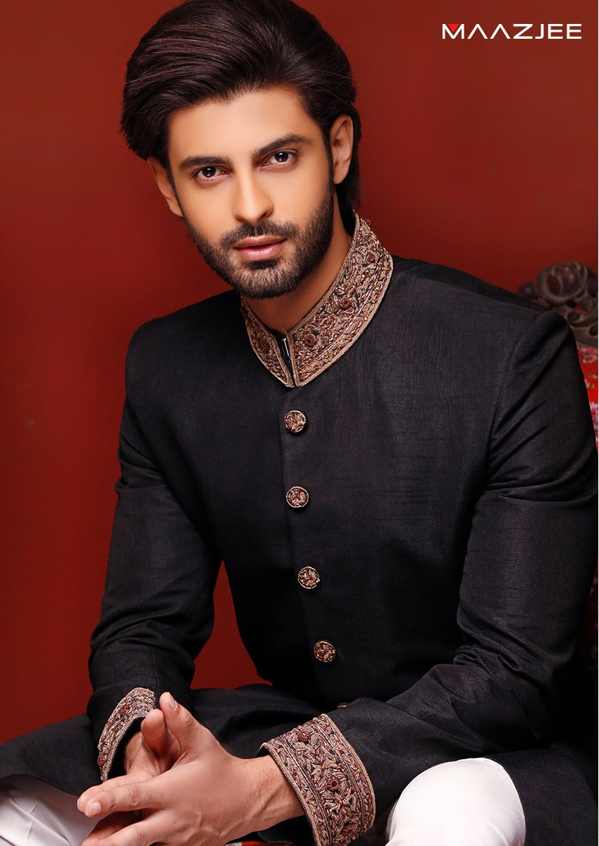 BLACK SHERWANI RAWSILK