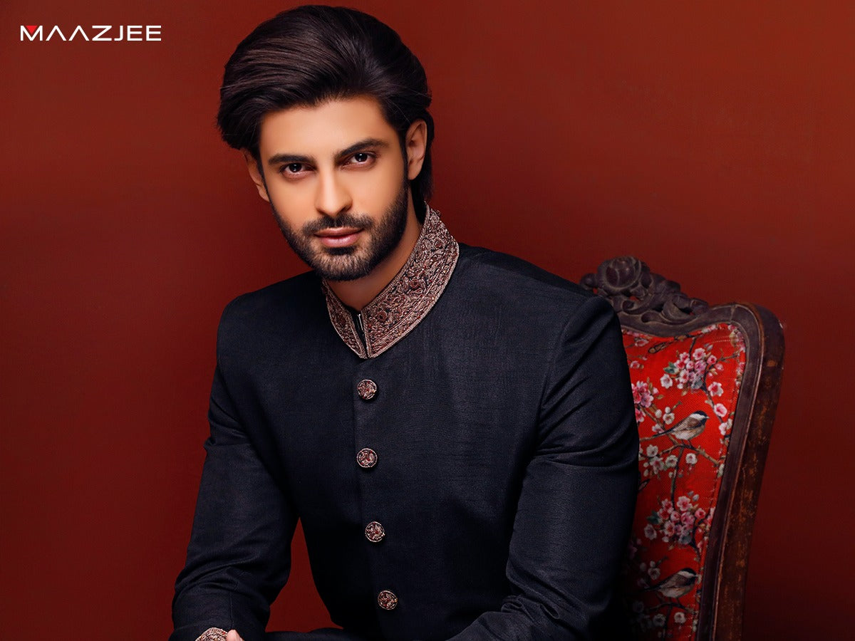 BLACK SHERWANI RAWSILK