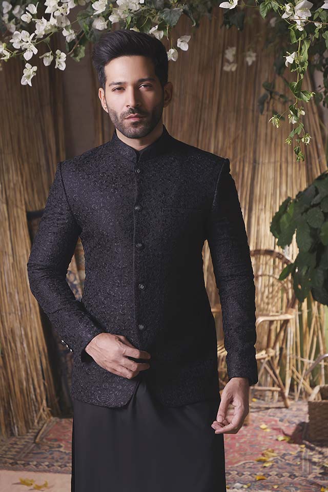 Maazjee Black Floral Embroidery Prince Coat