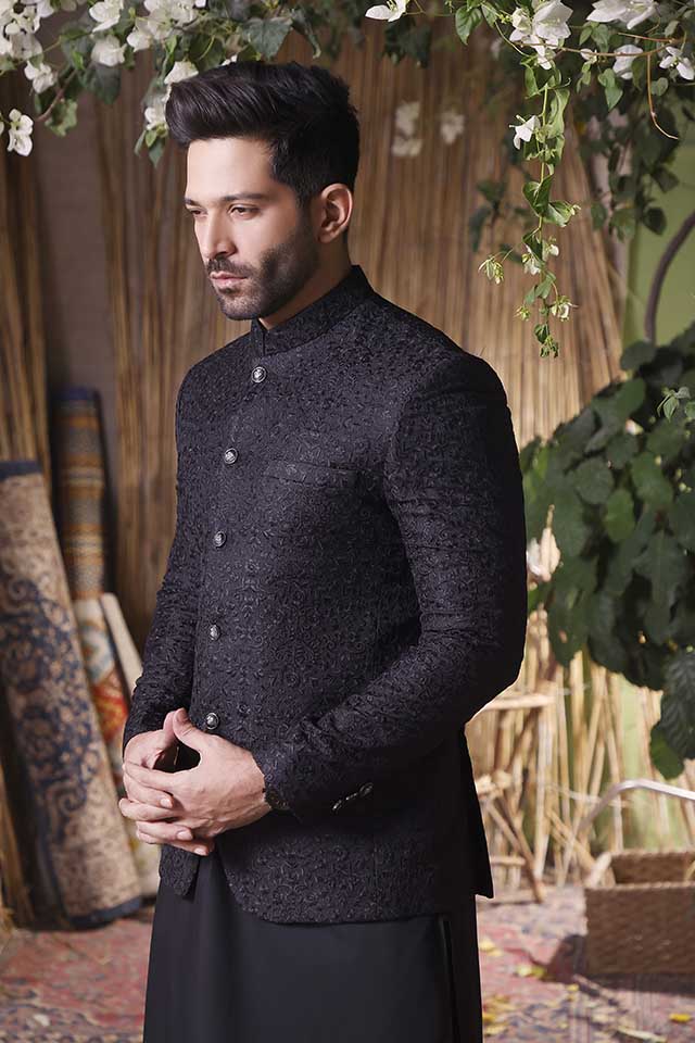 Maazjee Black Floral Embroidery Prince Coat