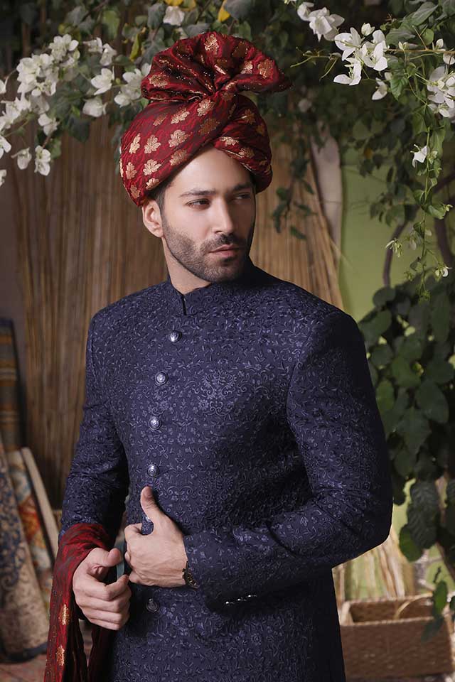 Maazjee Floral blue embroidery sherwani