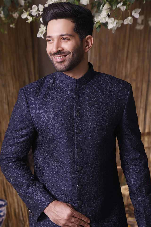 Maazjee Floral blue embroidery sherwani