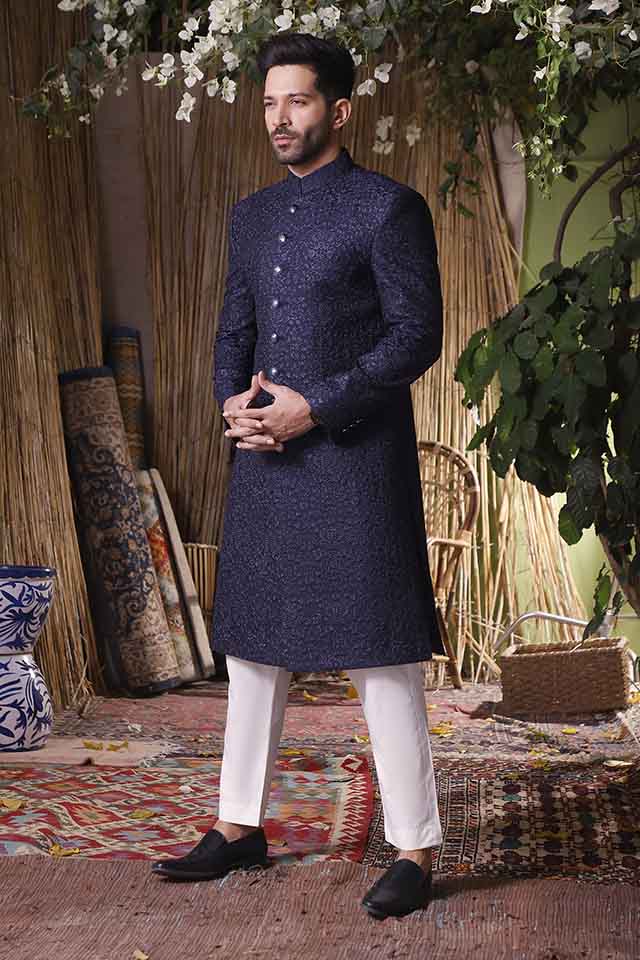 Maazjee Floral blue embroidery sherwani