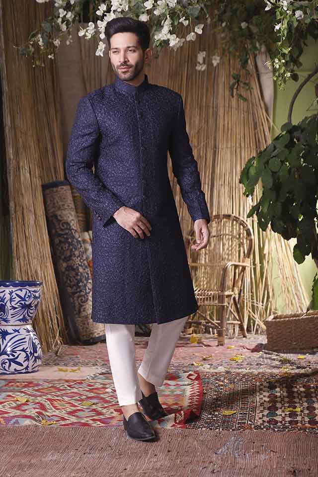 Maazjee Floral blue embroidery sherwani