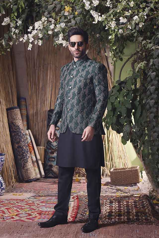 Maazjee Green Jamawar Embroidery Zari Prince Coat