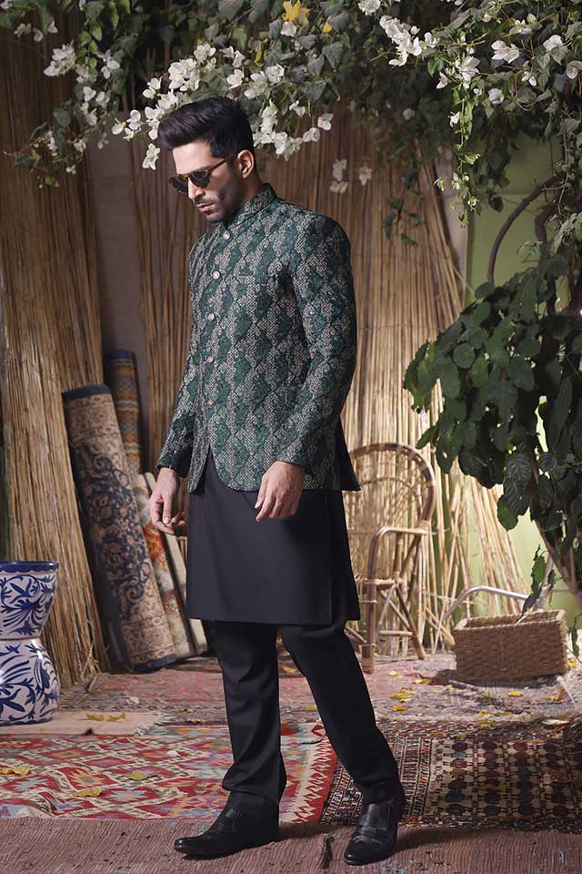 Maazjee Green Jamawar Embroidery Zari Prince Coat