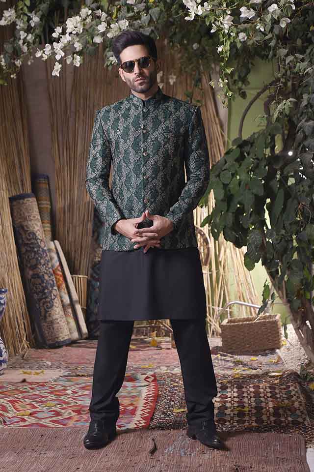 Maazjee Green Jamawar Embroidery Zari Prince Coat