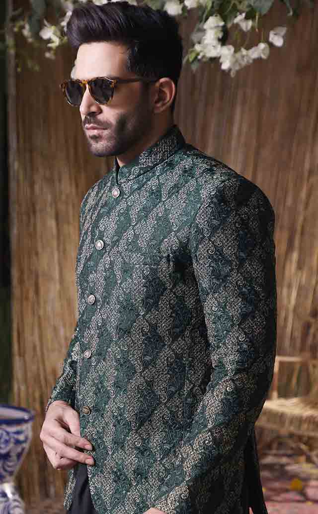 Maazjee Green Jamawar Embroidery Zari Prince Coat