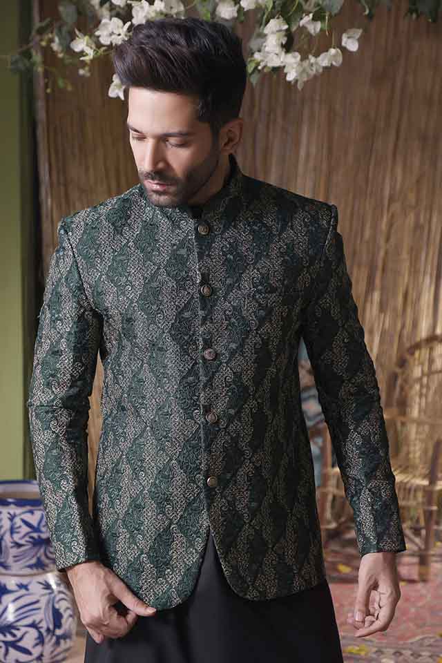 Maazjee Green Jamawar Embroidery Zari Prince Coat