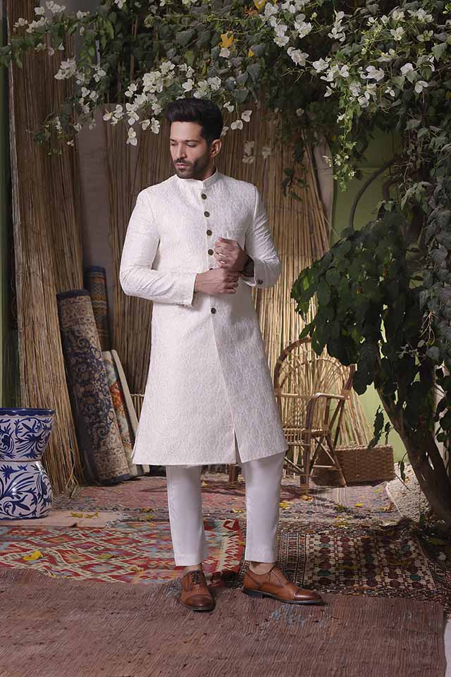 Maazjee Petha White Resham Embroidery Sherwani