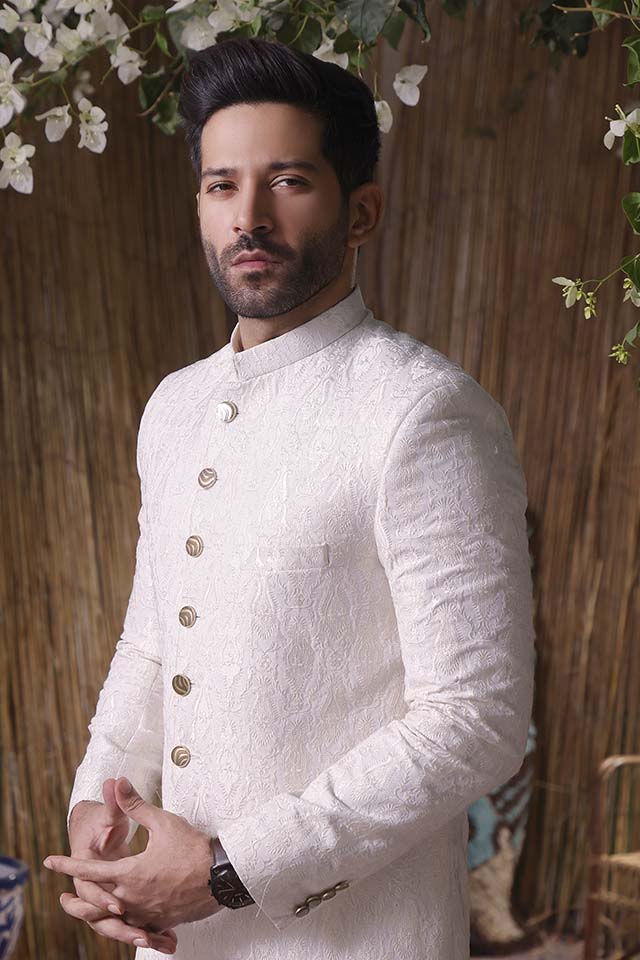 Maazjee Petha White Resham Embroidery Sherwani