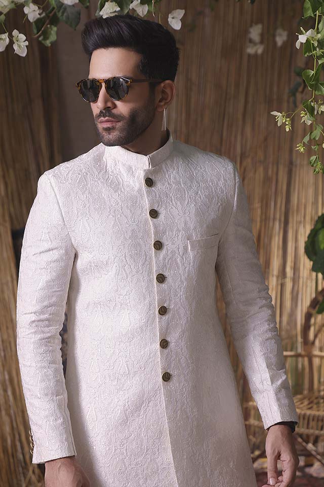 Maazjee Petha White Resham Embroidery Sherwani