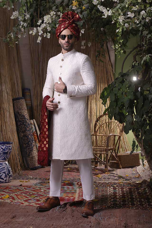 Maazjee Petha White Resham Embroidery Sherwani