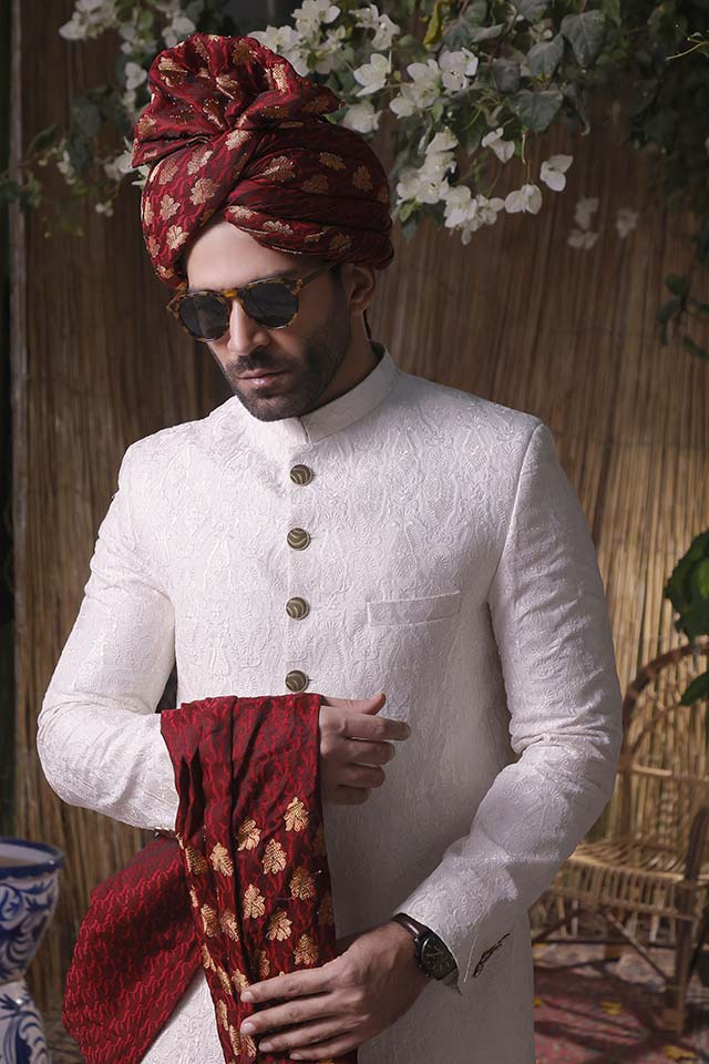 Maazjee Petha White Resham Embroidery Sherwani