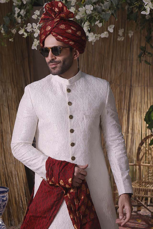 Maazjee Petha White Resham Embroidery Sherwani