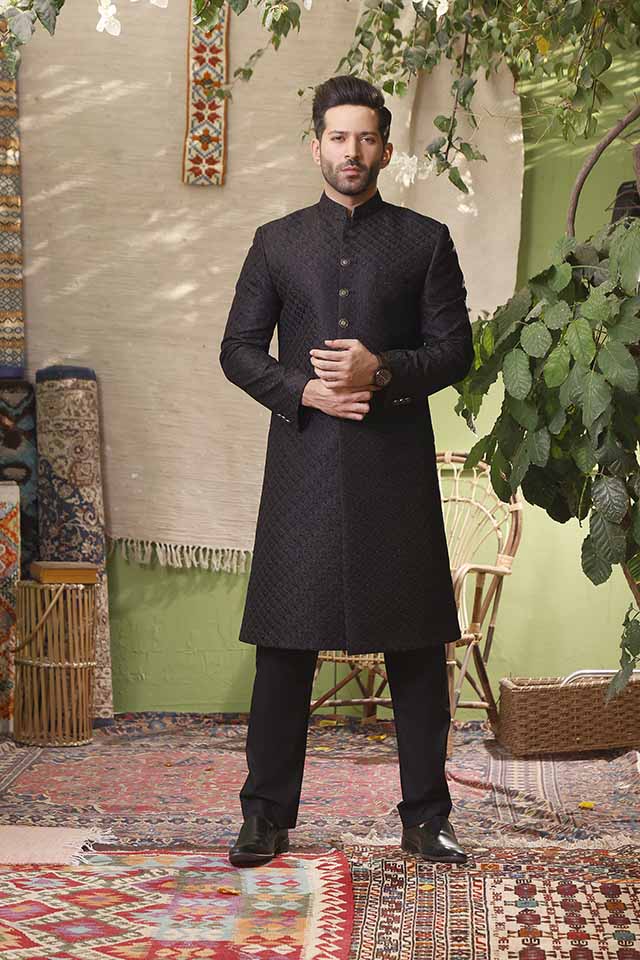 Maazjee Petha Black Embroidery Sherwani